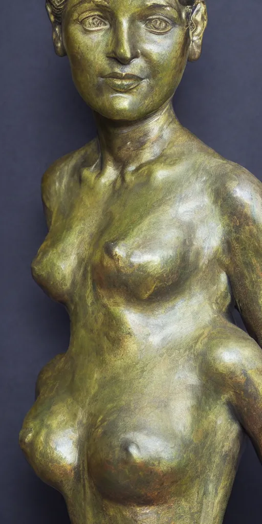 Image similar to photorealism full portrait of old bronze patina statue of most famous woman, full body portrait, bending poses, intricate, detail, museum