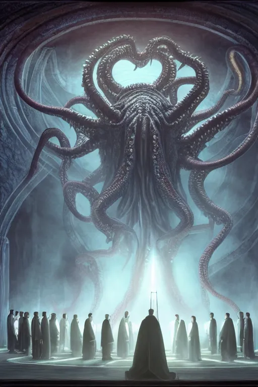 Image similar to center view of a group of priest in circle invoking an hyper realistic lovecraft creature portrait in a huge ritual portal, 4 k, fantasy art, glamorous composition, wide - angle shot, cinematography lighting, volumetric fog, vivid colors, realistic, octane render, unreal engine, frank frazzeta, hyper realistic matte painting