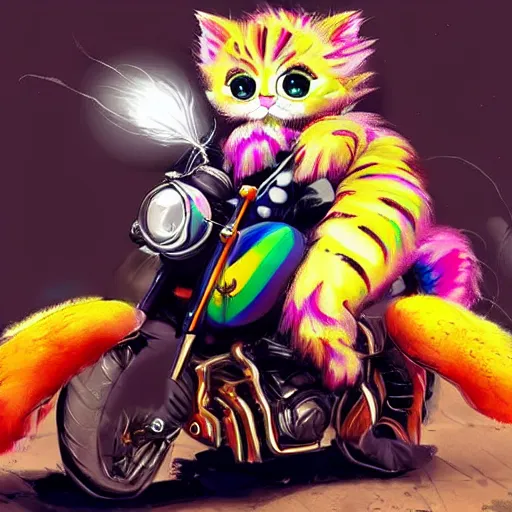 Image similar to wide angle full body, jacket wearing fluffy cute rainbow kitten wearing a black leather motorcycle jacket, riding on a motorcycle, cinematic concept art