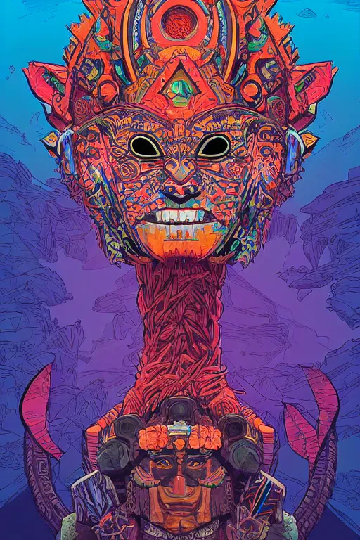 Image similar to totem animal tribal chaman vodoo mask feather gemstone plant video game illustration vivid color borderlands and by feng zhu and laurie greasley, victo ngai, andreas rocha, john harris radiating a glowing aura