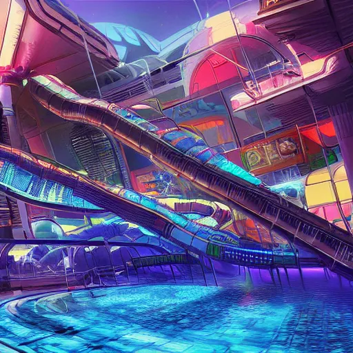 Prompt: futuristic cyberpunk waterpark, digital art, highly detailed, epic composition, cinematic lighting