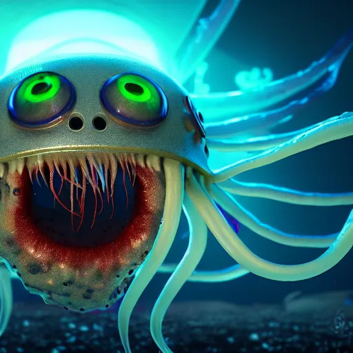 Image similar to a beautiful extreme wide photograph of a horrifying jellyfish monster with huge glowing eyes and sharp fangs in a wide open mouth, highly detailed, smooth, very very clean, 8 k, cinematic movie photograph, cinematic lighting, octane render, zbrush central contest winner, 3 d maya render