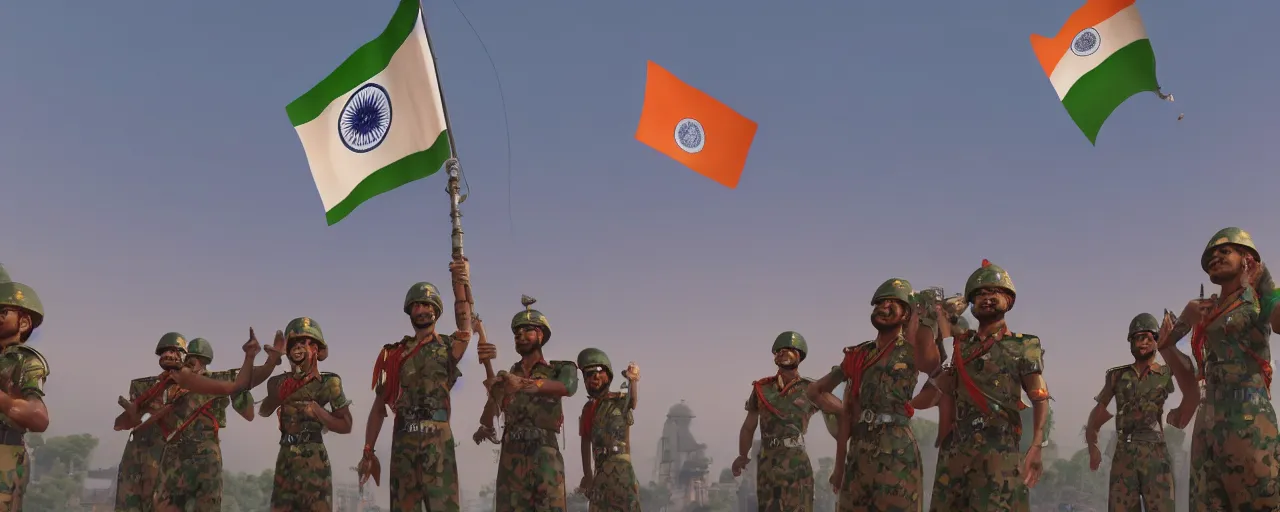 Image similar to indian soldiers hoisting the indian flag on independence day, 8 k uhd, unreal engine, octane render in the artstyle of finnian macmanus, john park and greg rutkowski