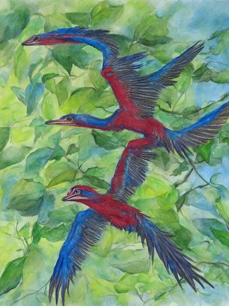 Prompt: A realistic painting of a Quetzal in flight, watercolour, pastel colours,
