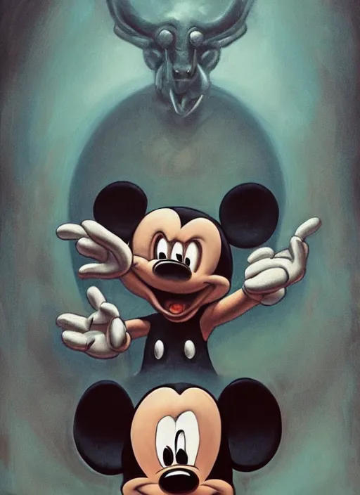 Prompt: a painting of baphomet mickey mouse, concept art by brom, trending on cgsociety, gothic art, apocalypse art, cosmic horror, # vfxfriday