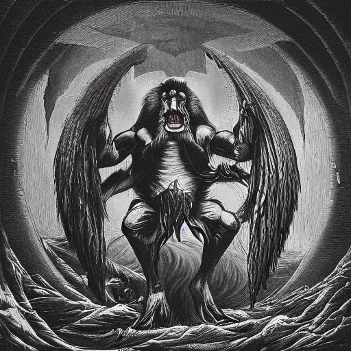 Image similar to mandrill descending from heaven, in the style of deathspell omega's fas album cover, illustration, detailed