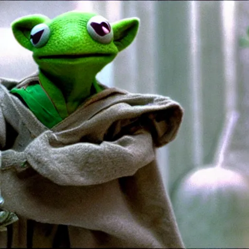 Image similar to Kermit the Frog as Yoda, film still from Empire strikes back, detailed, 4k