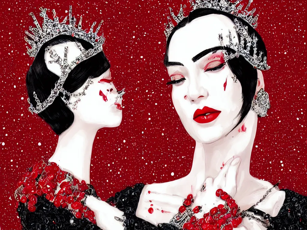 Prompt: a woman with dark eye shadow, white skin, red lips, slick black hair slicked back, an intricate crown of beads hanging over her eyes in the style of the Cell, artstation trending, painterly, Alexander mcqueen, red dress with high collar, flat illustration