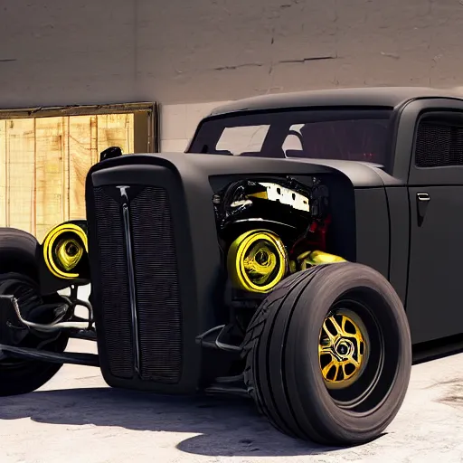 Image similar to matte black chopped and channeled tesla rat rod with a blower protruding out of the hood, 4 k photorealism, 4 k quality