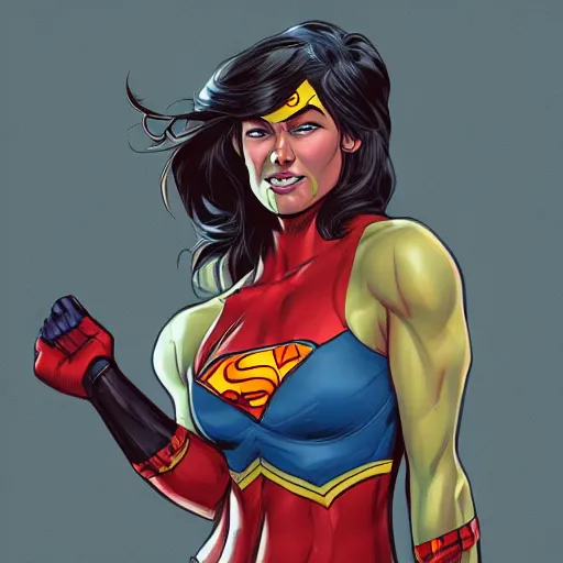 Prompt: high-detail illustration of smirking female superhero, by Kael Ngu, ArtStation