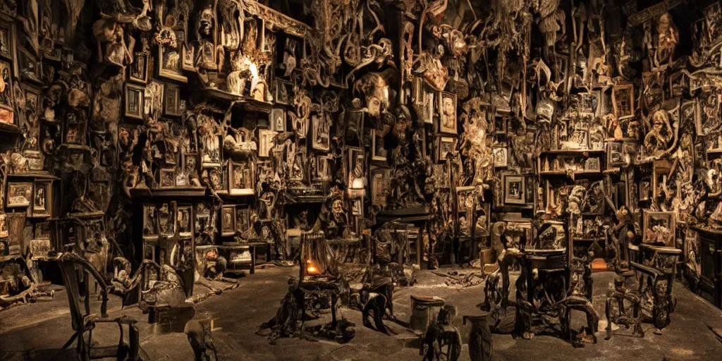 Prompt: a epic view of a macabre museum at night