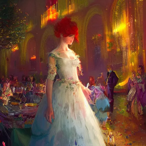 Image similar to colorful illustration of lady at a wedding, intricate complexity, by greg rutkowski,. 4 k, beautiful, cinematic dramatic atmosphere