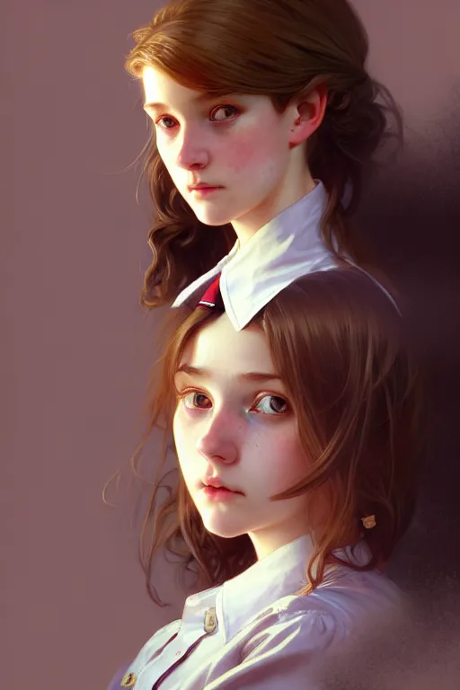 Image similar to portrait of a scottish teenage girl with dark blonde hair, glowing skin, intelligent face, school uniform, intricate, elegant, dress shirt, highly detailed, digital painting, artstation, concept art, smooth, sharp focus, illustration, art by Krenz Cushart and Artem Demura and alphonse mucha