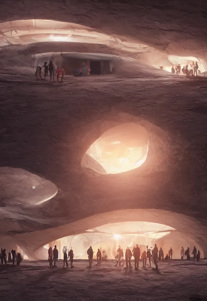 Image similar to big underground city in antartica with a transparent roof that shows a beautiful sunset, multiple people in the tunnels around campfires and futuristic igloos, facinating, fantasy digital art, octane render, beautiful composition, trending on artstation, award-winning photograph, masterpiece