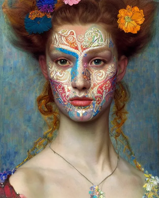 Image similar to a beautiful girl wearing colourful face paint surrounded by colourful intricate patterns, by edgar maxence and caravaggio and michael whelan, intricate painting, hyper realistic, extremely detailed and beautiful aesthetic face, 8 k resolution