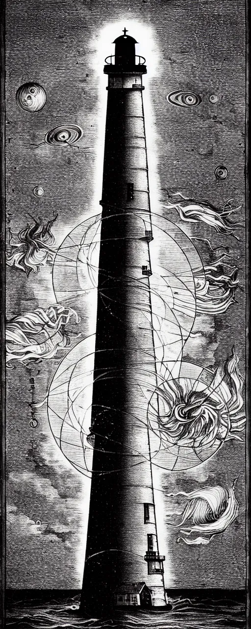 Image similar to an epic lighthouse radiates a unique canto'as above so below'while being ignited by the spirit of haeckel and robert fludd, breakthrough is iminent, glory be to the magic within, in honor of saturn, painted by ronny khalil