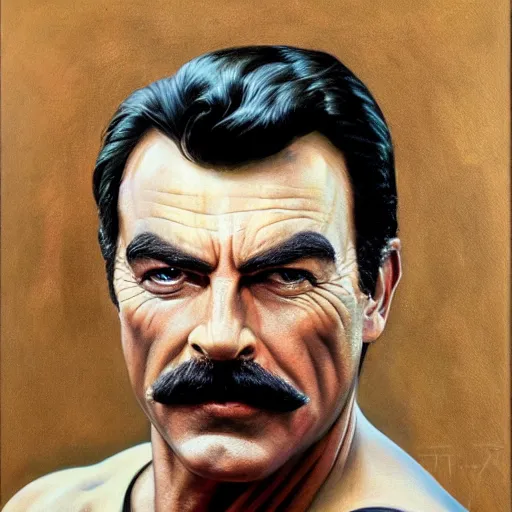 Image similar to ultra realistic portrait painting of tom selleck as sphynx, art by frank frazetta, 4 k, ultra realistic, highly detailed, epic lighting