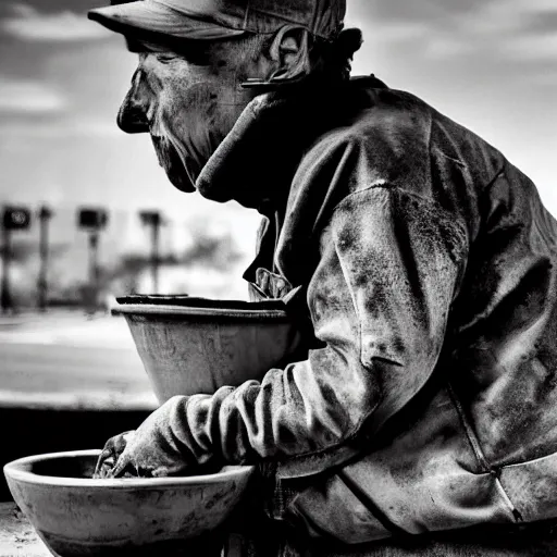 Image similar to realistic cement truck driver eating a bowl of wet cement, magazine photo