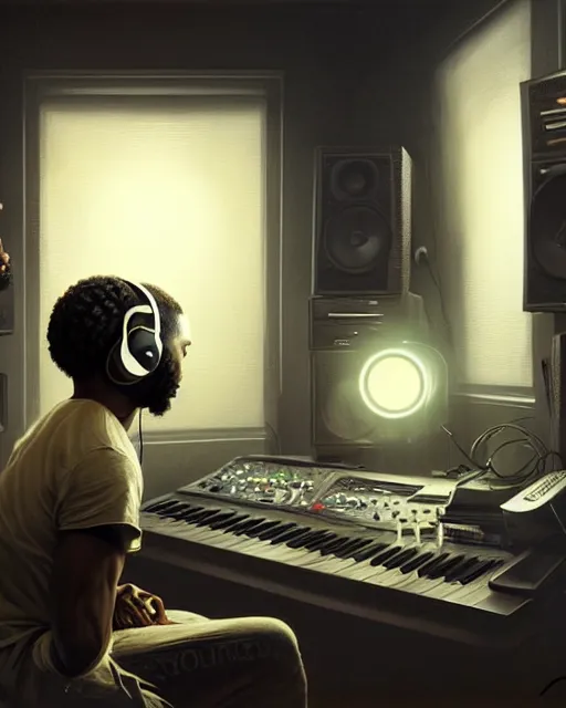 Image similar to light skin black man with headphones at his home studio producing music late at night, very detailed, 4 k, concept art like ernest khalimov, intricate details, highly detailed by greg rutkowski, ilya kuvshinov, gaston bussiere, craig mullins, simon bisley