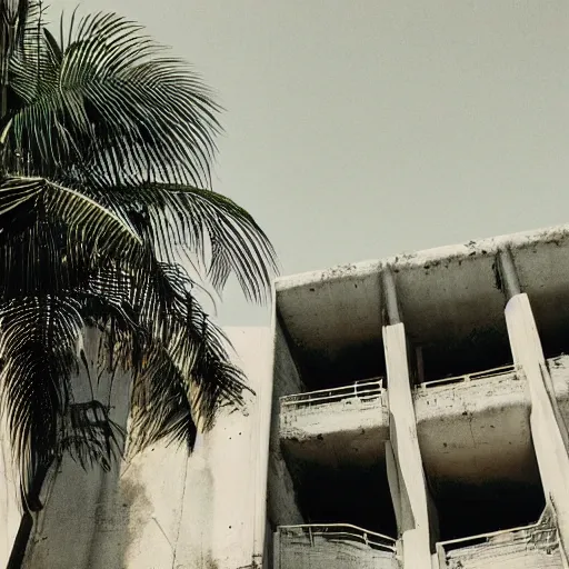 Image similar to noisy color photograph of a concrete underground retrofuturist liminal space, staggered terraces, palm tree growing out of concrete, deformations, minimalist, cinematic, soft vintage glow