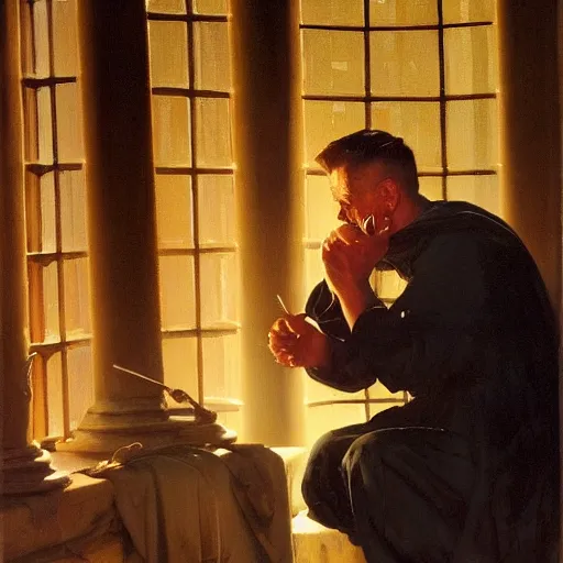 Image similar to detailed and oil painting, hyper realistic | cinematic lighting, award - winning | the hermit looks at his reflection in the well of darkness | by leyendecker, by norman rockwell, byy cesar santos | trending on artstation, cgsociety, official art, octane, digital painting, masterpiece.