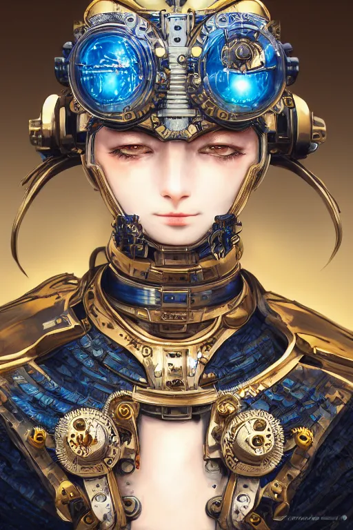 Image similar to Portrait of a steampunk sci-fi cyborg samurai, third person, D&D, sci-fi fantasy, intricate, blue and gold, highly detailed , art by Range Murata, highly detailed, 3d, octane render, bright colors, digital painting, trending on artstation, sharp focus, illustration style of Stanley Artgerm,