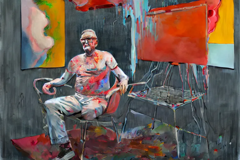 Prompt: portrait of a morphed painter sitting in a chair next to a bbq, art by james jean and luc tuymans and vincent lefevre and hernan bas and pat steir and hilma af klint, psychological, dripping paint, high quality render, cg society contest winner, retrofuturism, masterpiece