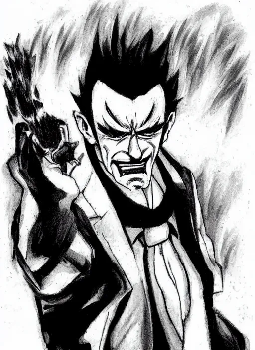 Prompt: manga illustration of heihachi mishima from tekken, dressed formally, smoking a cigar, drawn in the style of keisuke itagaki