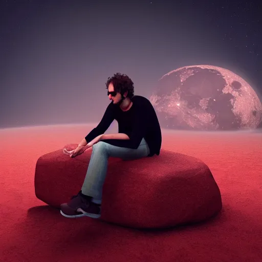 Image similar to gustavo cerati sitting on the red moon, digital art, matte painting, render unreal engine, highly detailed, asymmetrical