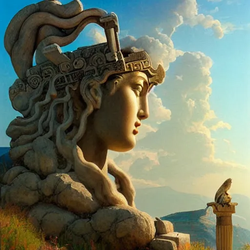 Prompt: beatiful Athena godess looking from a giant Zeus head, greek temple of olympus glory island little wood bridge painting of tower ivy plant in marble late afternoon light, wispy clouds in a blue sky, by frank lloyd wright and greg rutkowski and ruan jia