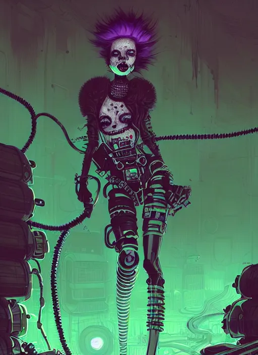 Prompt: highly detailed portrait of an moody wasteland punk long dripping green poison hair tribal lady, stray wirey rubber hoses by atey ghailan, james gilleard, by joe fenton, by greg rutkowski, by greg tocchini, by kaethe butcher, 4 k resolution, gradient purple, brown black and white color scheme!!! ( ( green flaming robotic sewer background ) )