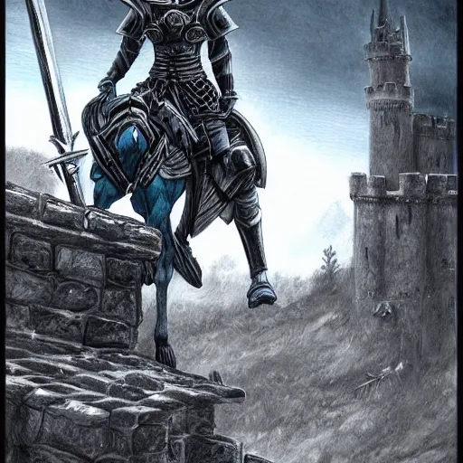 Image similar to black knight with raised broad sword standing atop castle, fantasy art, highly detailed, realistic, Diego Gisbert style,