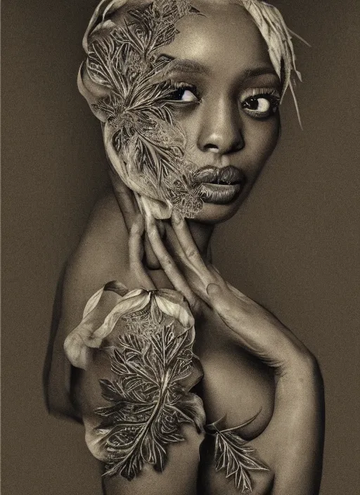 Prompt: a beautiful black woman's face in profile made of leaf and floral skeleton, in the style of the dutch masters and gregory crewdson, white hair, dark and moody aesthetic, 8 k, matte, intricate detail, hyper detailed, surrealism