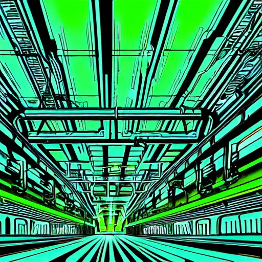 Image similar to a scifi illustration, factory interior with vats of neon green fluid. seen from above, parallax bloom effect, heavy linework line brush, graphic novel style