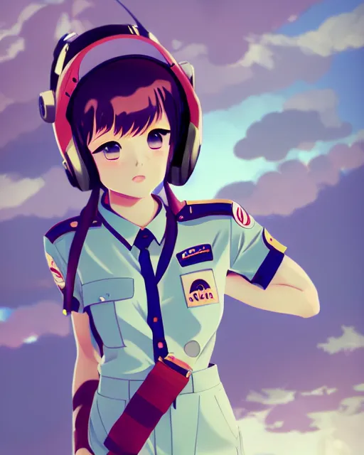 Image similar to Anime girl is dressed in plane pilot uniform. Anime. by lois van baarle, ilya kuvshinov, rossdraws, Ghibli marker anime art, manga concept Blizzard pixar maya engine on stylized background splash comics global illumination