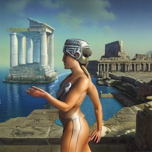 Image similar to young ancient greek godess in helmet, giant gray-haired bearded male head in background, ancient greek temple in background, by David Ligare, wide angle scifi landscape, hyperrealistic surrealism, award winning masterpiece with incredible details, epic stunning, infinity pool, a surreal vaporwave liminal space, highly detailed, trending on ArtStation, artgerm and greg rutkowski and alphonse mucha, daily deviation, IAMAG, broken giant marble head statue ruins, golden hour