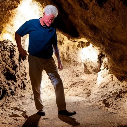 Image similar to Bill Clinton exploring an abandoned cave, photography, torches,