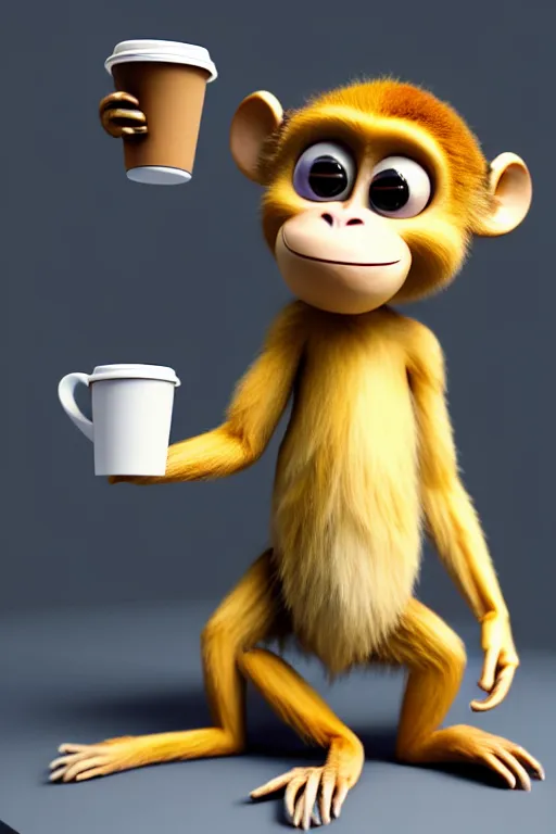 Image similar to high quality 3 d render very cute monkey! with large cup of coffee!, cyberpunk highly detailed, unreal engine cinematic smooth, in the style of blade runner & detective pikachu, hannah yata charlie immer, moody light, low angle, uhd 8 k, sharp focus