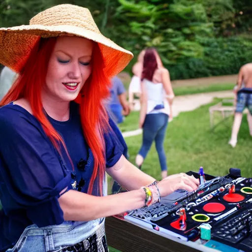 Image similar to DJ at a party, DJ is a red headed woman and is wearing a straw hat and a fanny pack