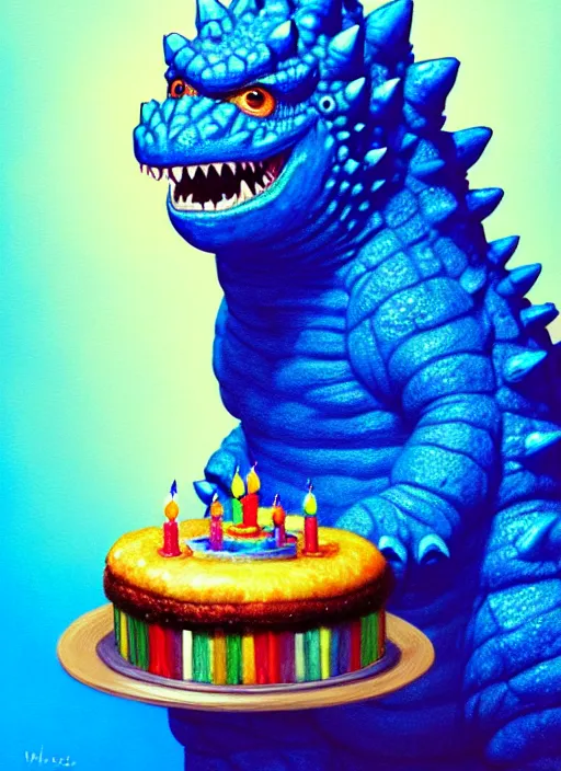 Image similar to portrait of a happy small fat blue godzilla with a birthday cake, wearing a funny rainbow hat, intricate, elegant, candle light, highly detailed, digital painting, artstation, concept art, smooth, sharp focus, illustration, art by wlop, mars ravelo and greg rutkowski