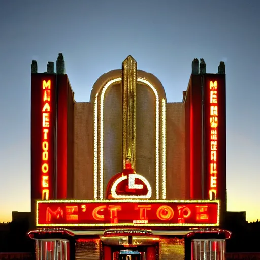 Image similar to art deco movie theater palace at night, dramatic light, evening, fritz lang's metropolis,