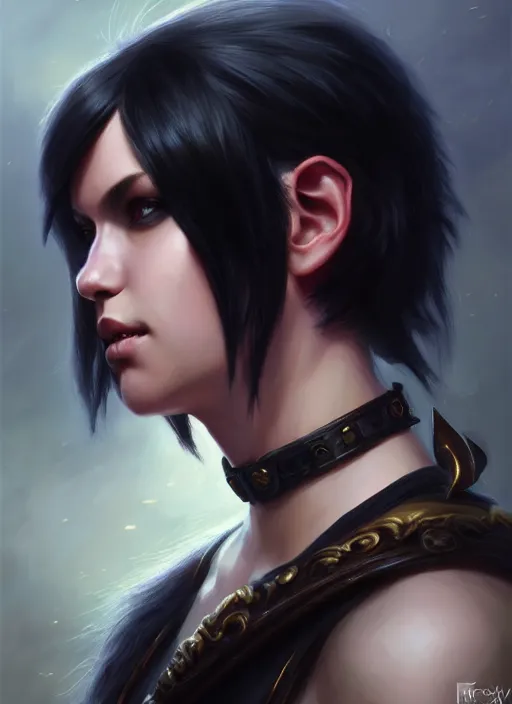 Image similar to a _ fantasy _ style _ portrait _ painting _ of young adult, black fringe hair, round face, rpg dnd oil _ painting _ unreal _ 5 _ daz. _ rpg _ portrait _ extremely _ detailed _ artgerm _ greg _ rutkowski _ greg