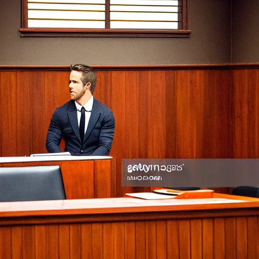 Prompt: news photo of a courtroom with ryan reynolds on trial, highly detailed, extremely high quality, hd, 4 k, 8 k, professional photographer, 4 0 mp, lifelike, top - rated, award winning, realistic, detailed lighting, detailed shadows, sharp, no blur, edited, corrected, trending