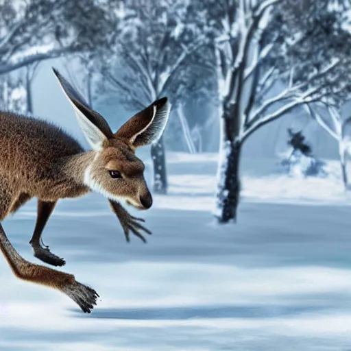 Prompt: hyper realistic digital art of kangaroo hopping through snow