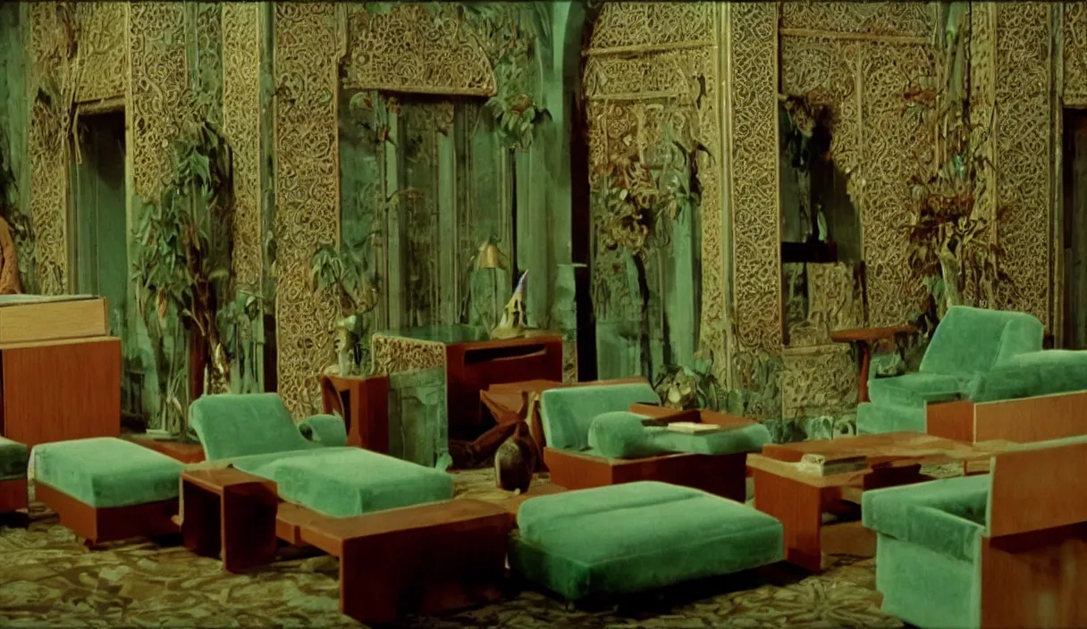 Image similar to a still of severance series indoor 7 0 s green velvet and wood with metal furniture office scenario appearing in a film of parajadnov, in movie color of the pomegranates ( 1 9 6 9 )