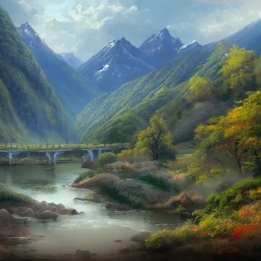 Image similar to a beautiful painting of a scene about a panorama of rivers and mountains, by victo nagi and yuumei and james jean, trending on artstation., ultrawide viewn and highly detailed matte painting - h 6 4 0 - w 1 2 8 0