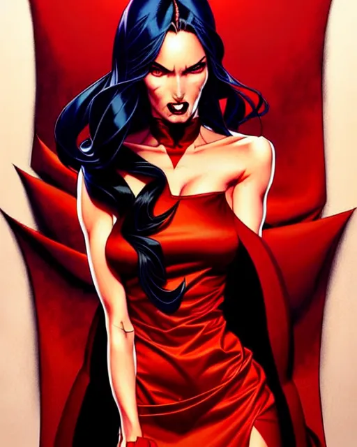 Image similar to artgerm, joshua middleton comic cover art, full body pretty megan fox vampire sharp teeth, red dress, symmetrical eyes, symmetrical face, long curly black hair, dark castle background background, cinematic lighting