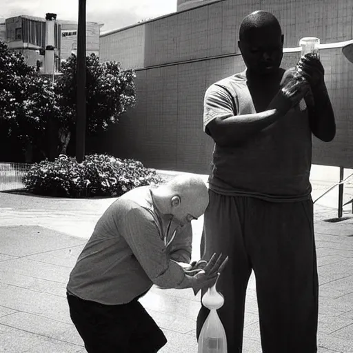 Prompt: “ a man drinking from a water fountain filled with urine. ”