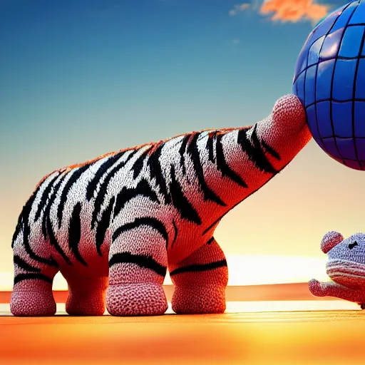 Image similar to a closeup photorealistic photograph of a cute smiling knitted tiger hippopotamus catching a beachball at sunset. surf in the background. professional capture. this 4 k hd image is trending on artstation, featured on behance, well - rendered, extra crisp, features intricate detail, epic composition and the style of unreal engine.