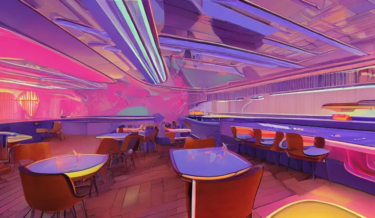 Image similar to a beautiful, sharp focus, clean lines. the interior of an art deco undersea restaurant. vaporwave ombre rendering. outrun style. fish. neon backlit jellyfish. trending on artstation. recommended for you behance. by chris moore. by edward hopper. ambient occlusion. digital matte painting. metropolis filmic. gotham city.